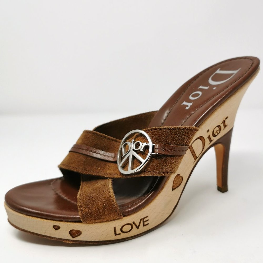 Dior Brown Suede Love Peace Wooden Platform Sandals Heels